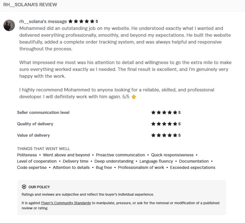 Verified Fiverr review of StackStead Solutions from a client