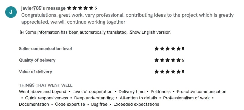 Verified Fiverr review of StackStead Solutions from a client