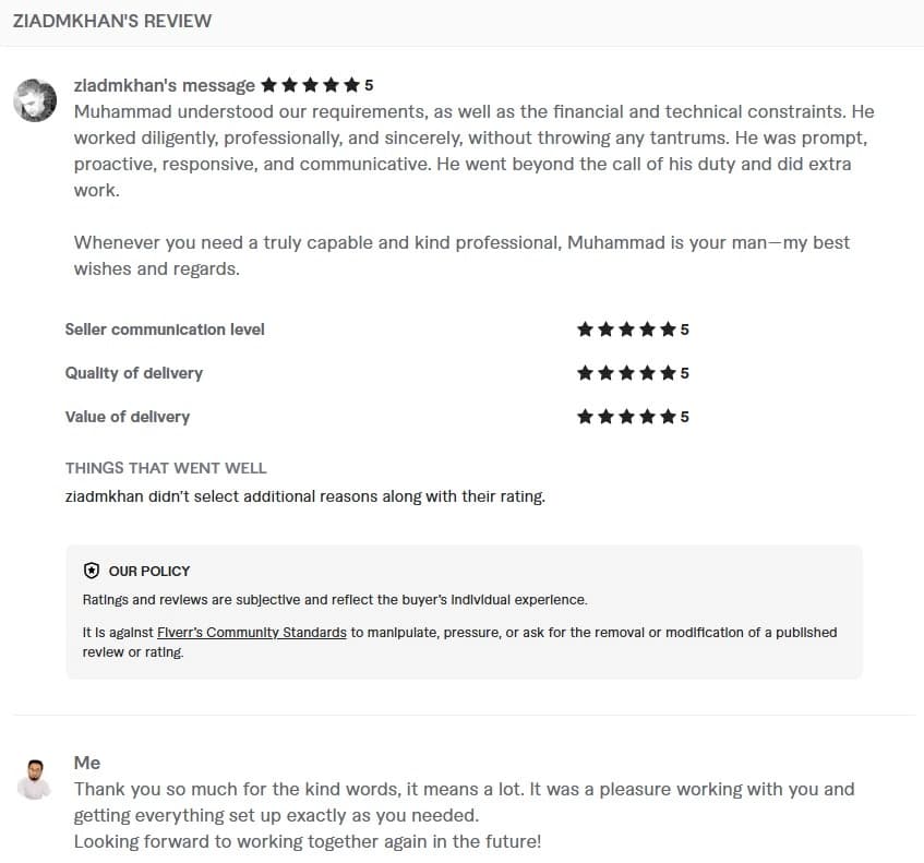 Verified Fiverr review of StackStead Solutions from a client