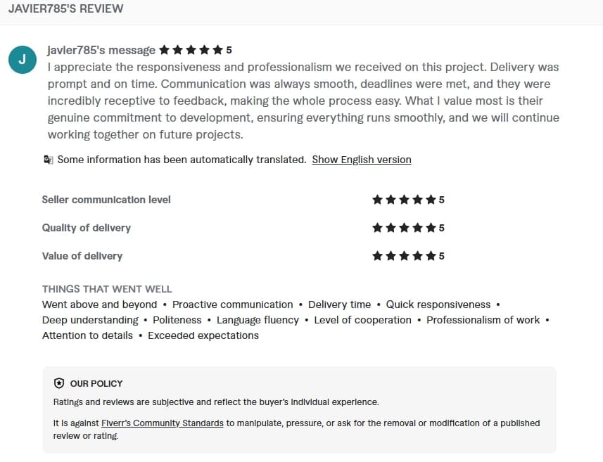 Verified Fiverr review of StackStead Solutions from a client