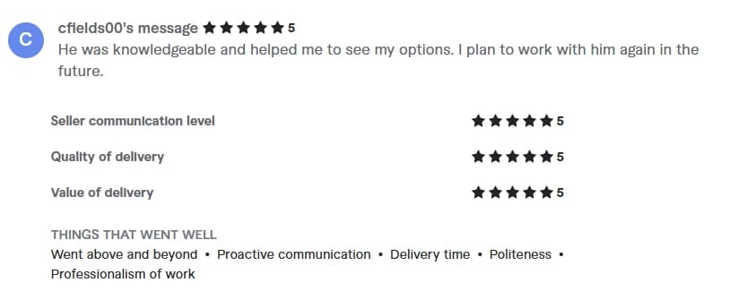 Verified Fiverr review of StackStead Solutions from a client