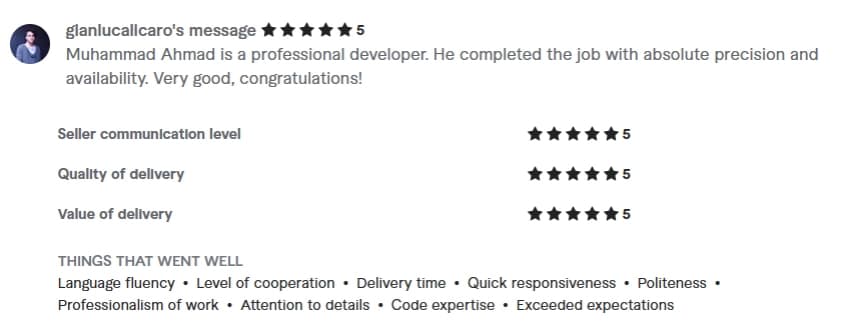 Verified Fiverr review of StackStead Solutions from a client