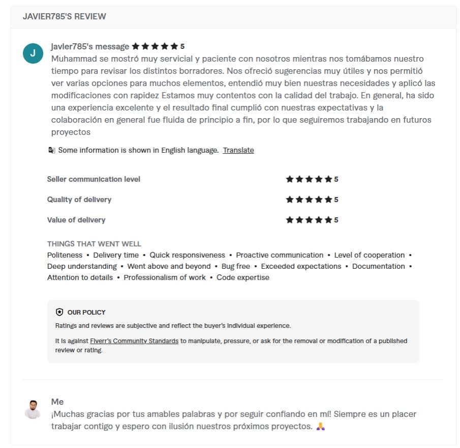 Verified Fiverr review of StackStead Solutions from a client