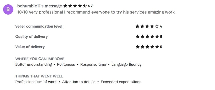 Verified Fiverr review of StackStead Solutions from a client