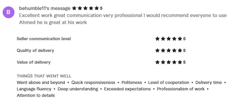 Verified Fiverr review of StackStead Solutions from a client