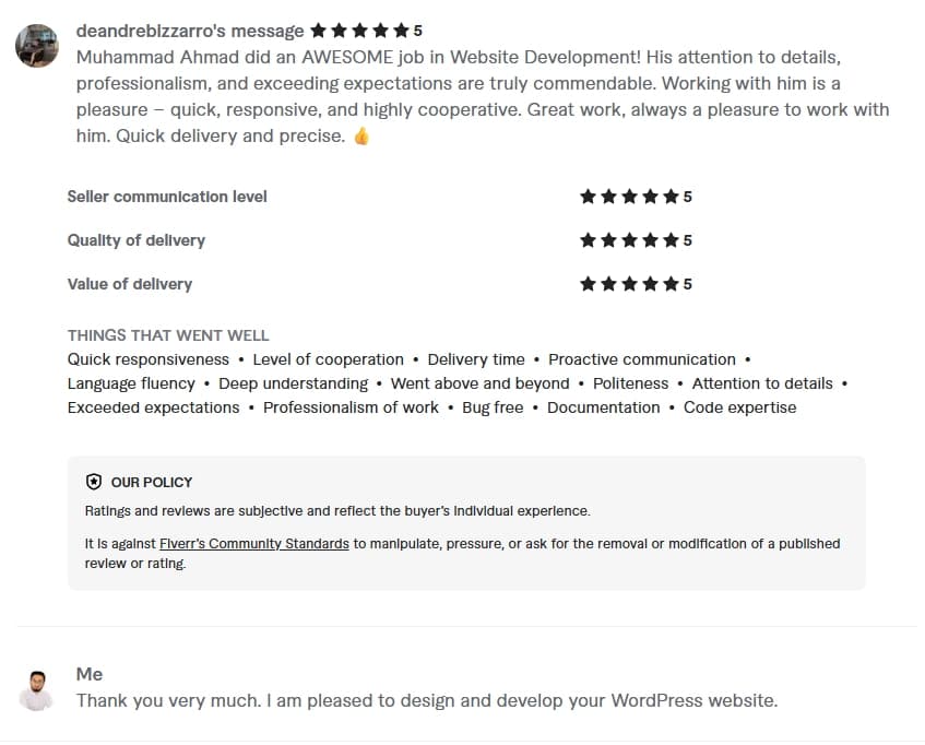 Verified Fiverr review of StackStead Solutions from a client