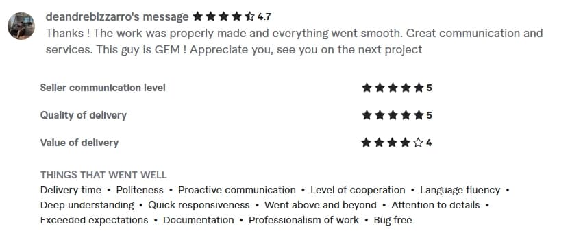 Verified Fiverr review of StackStead Solutions from a client