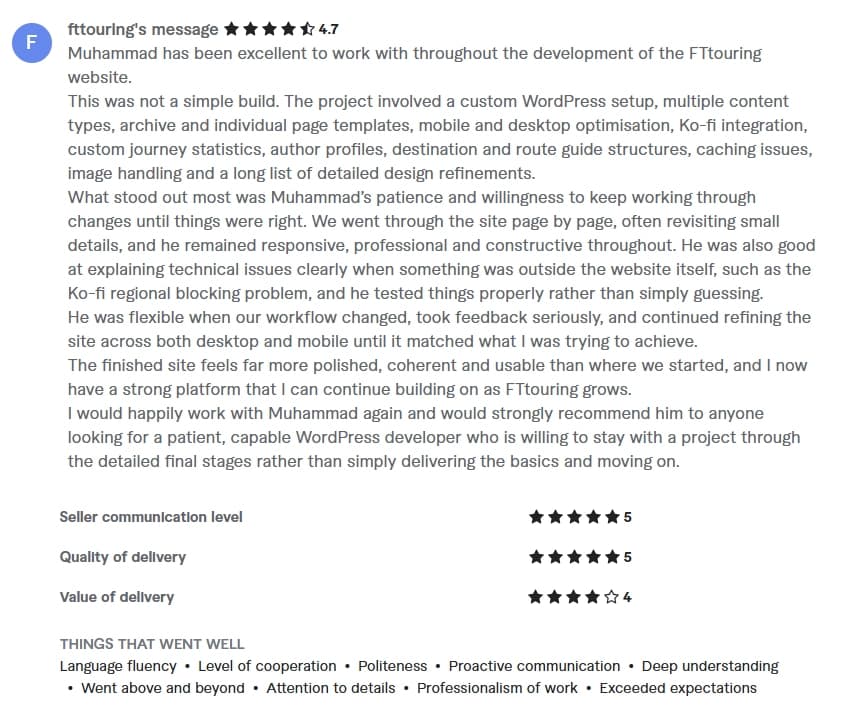 Verified Fiverr review of StackStead Solutions from a client