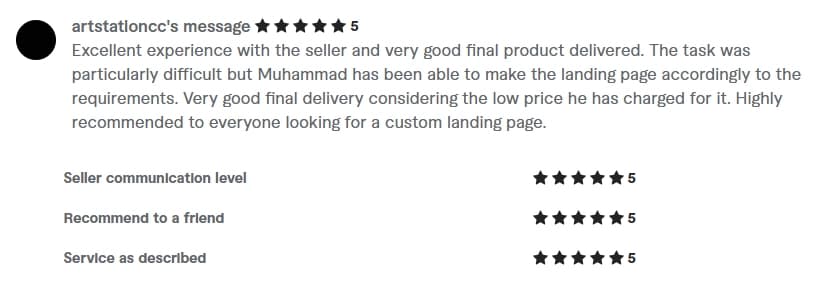 Verified Fiverr review of StackStead Solutions from a client