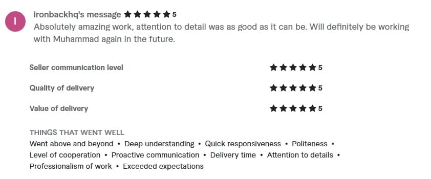 Verified Fiverr review of StackStead Solutions from a client