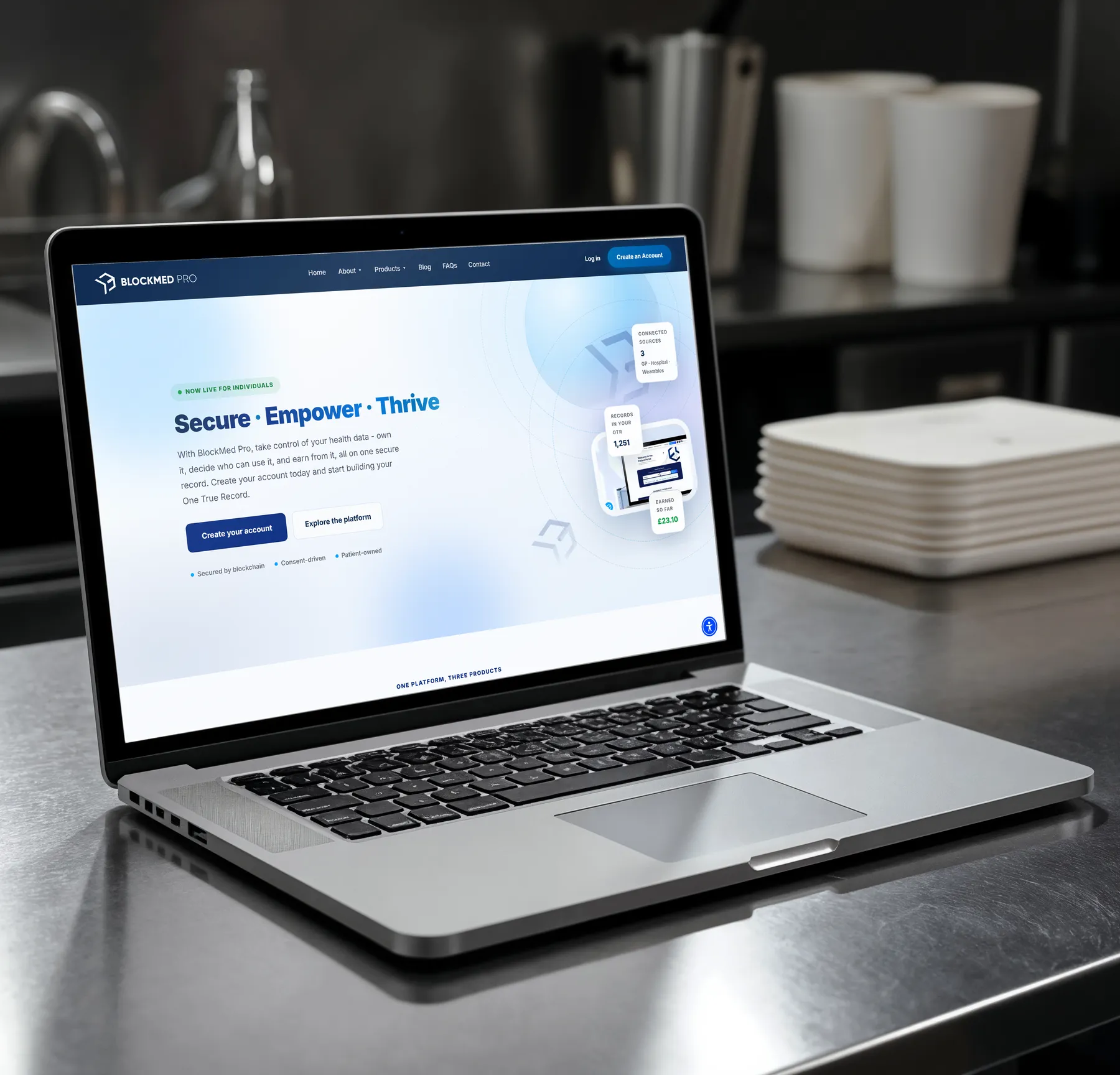 BlockMed Pro home page: one patient-owned health record, built with Next.js and TypeScript