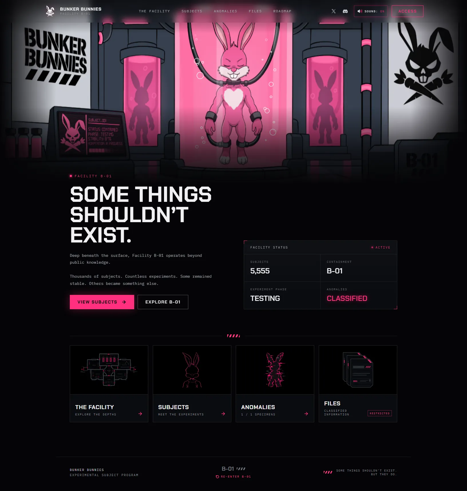 Bunker Bunnies home page: the Facility B-01 lab scene and facility status panel, built with Next.js