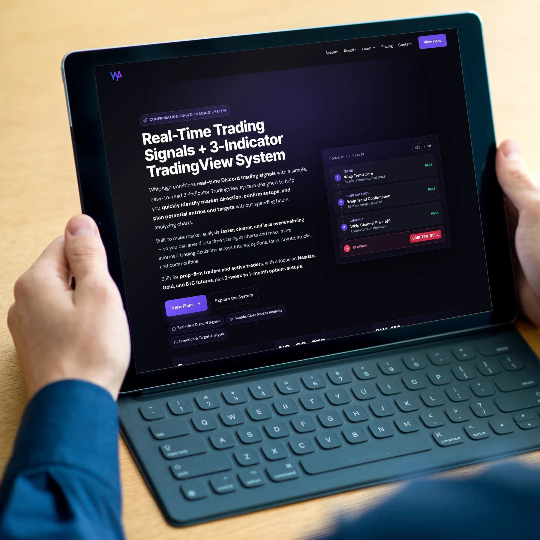 WhipAlgo trading signals website shown on a tablet