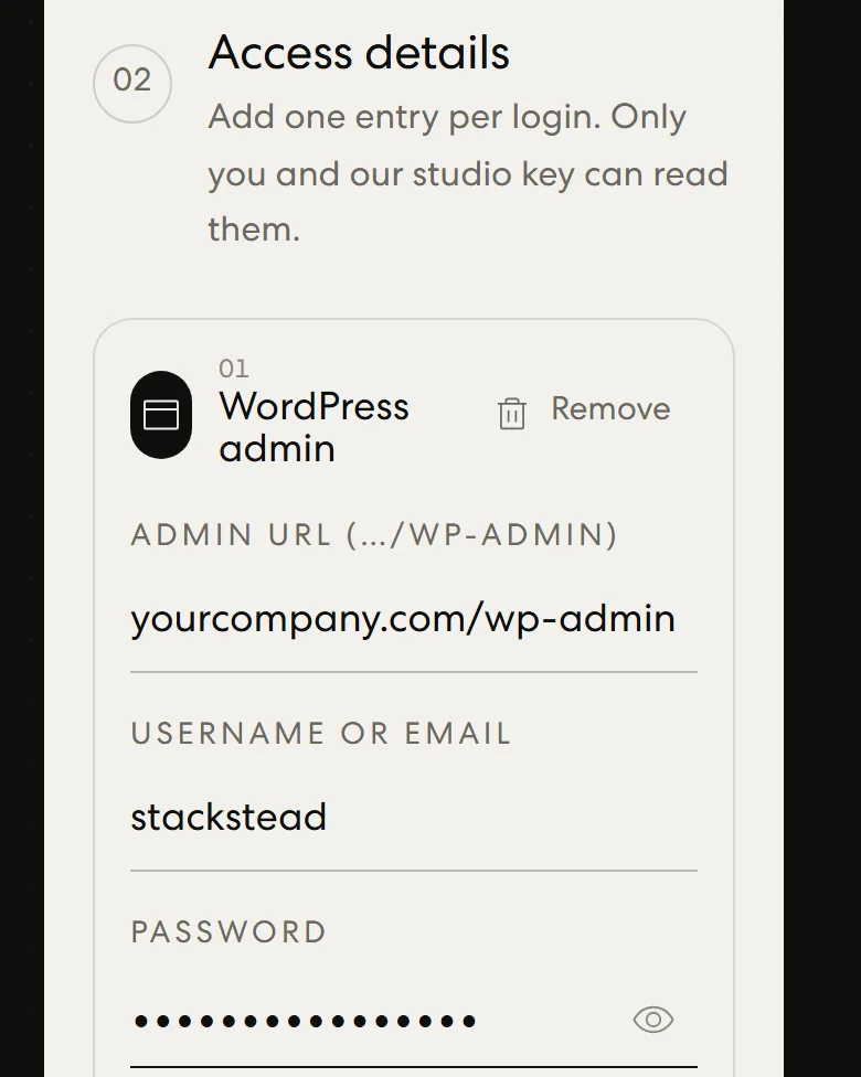 The Secure share form with a WordPress login entered and the password hidden
